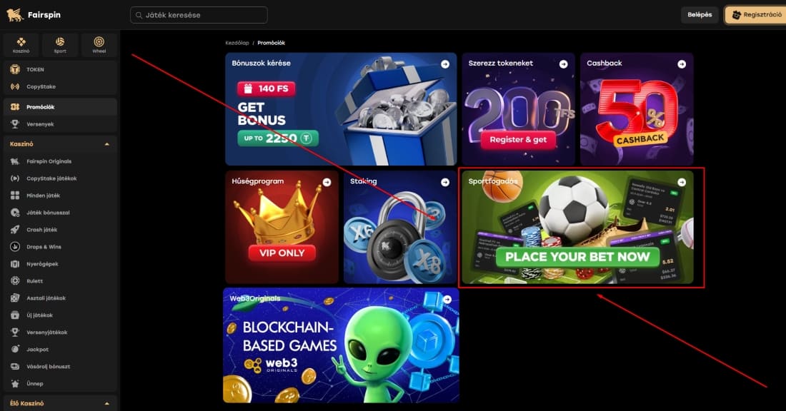 Bónuszok, hűségprogram, sportfogadás és blockchain játékok promóciós paneljei